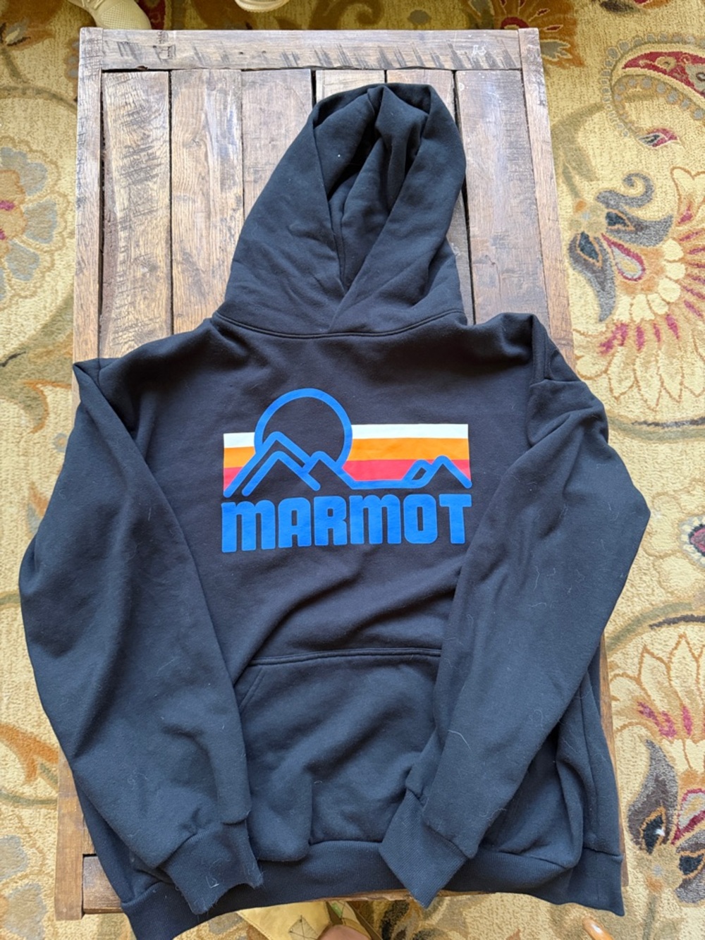 Marmot Black Hoodie with Blue Logo and Sunset Stripe